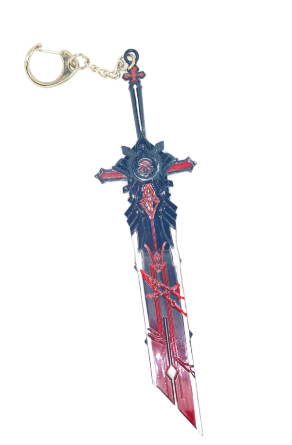 Porte-clés miniature de l'épée Mort du Loup, inspiré de Genshin Impact. Son design noir et rouge, agrémenté de détails complexes, rappelle la puissance de cette arme iconique. Un accessoire idéal pour les fans du jeu et les collectionneurs