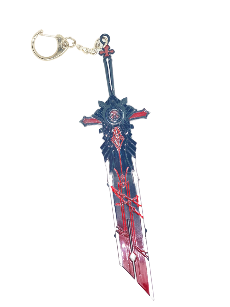 Porte-clés miniature de l'épée Mort du Loup, inspiré de Genshin Impact. Son design noir et rouge, agrémenté de détails complexes, rappelle la puissance de cette arme iconique. Un accessoire idéal pour les fans du jeu et les collectionneurs
