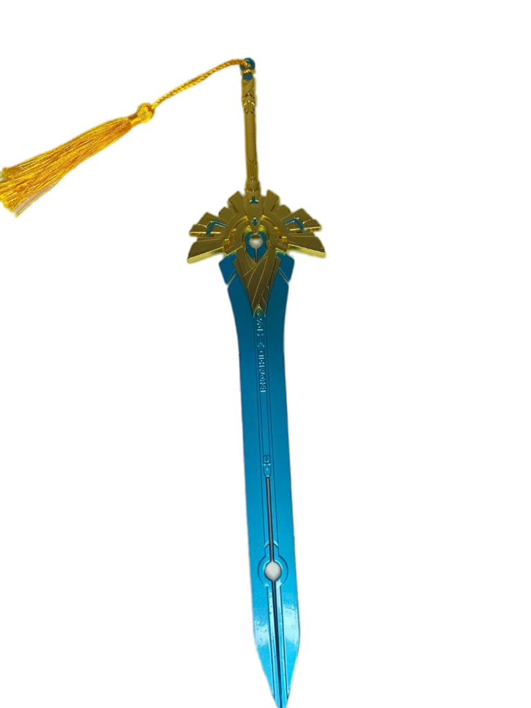 Mini réplique de l'épée Grande Fierté de la Voûte d'Azur, inspirée de Genshin Impact. Cette lame majestueuse arbore un design bleu éclatant avec des ornements dorés détaillés, ainsi qu'un pompon doré suspendu au manche, ajoutant une touche d'élégance. Son apparence raffinée en fait un objet de collection idéal pour les fans du jeu