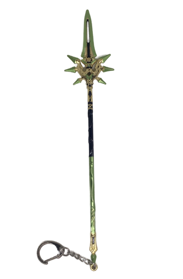 Mini réplique de la Lance de Jade Ailé inspirée de Genshin Impact, ornée de motifs dorés sur un manche vert et noir. La pointe effilée présente une ouverture centrale et des détails sculptés en forme d’ailes dorées. Une chaîne métallique est attachée à l’extrémité pour servir de porte-clés.