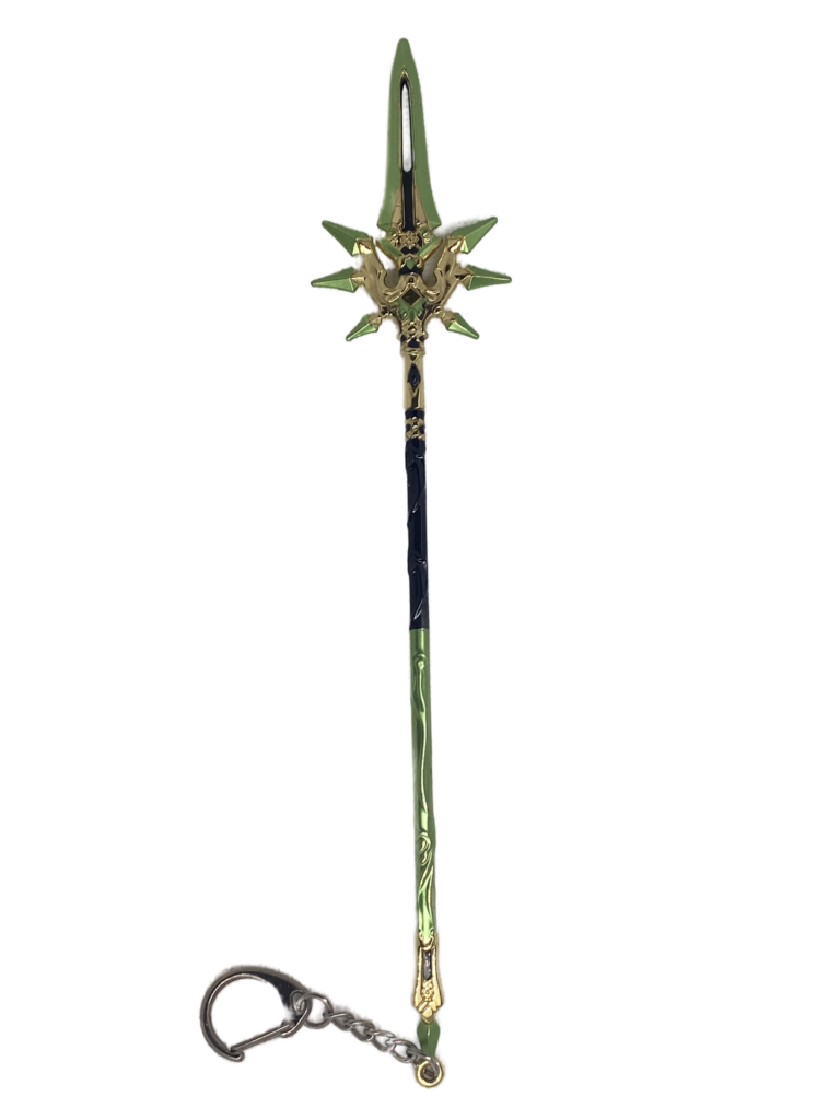 Mini réplique de la Lance de Jade Ailé inspirée de Genshin Impact, ornée de motifs dorés sur un manche vert et noir. La pointe effilée présente une ouverture centrale et des détails sculptés en forme d’ailes dorées. Une chaîne métallique est attachée à l’extrémité pour servir de porte-clés.