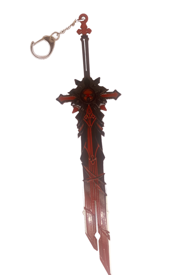 Mini réplique de l'épée Mort du Loup, inspirée de Genshin Impact, exposée sur un support noir. Cette épée imposante arbore une lame noire et rouge aux motifs acérés et tranchants, évoquant la puissance des loups. Une chaîne et un anneau métallique sont fixés à la poignée, en faisant un porte-clés de collection parfait pour les fans du jeu.