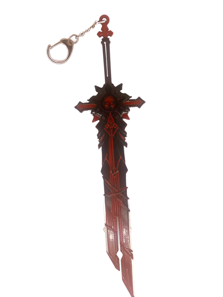 Mini réplique de l'épée Mort du Loup, inspirée de Genshin Impact, exposée sur un support noir. Cette épée imposante arbore une lame noire et rouge aux motifs acérés et tranchants, évoquant la puissance des loups. Une chaîne et un anneau métallique sont fixés à la poignée, en faisant un porte-clés de collection parfait pour les fans du jeu.
