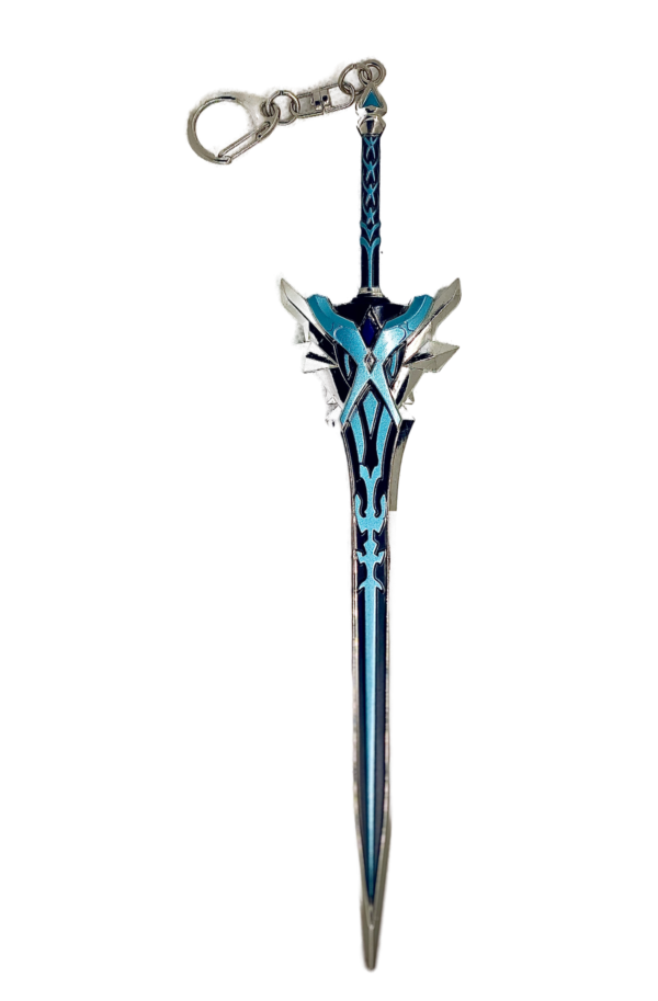 Porte-clés Tombe-Neige en Argétoile de Genshin Impact, réplique fidèle et détaillée de l’arme mythique, parfait pour les fans et collectionneurs."
