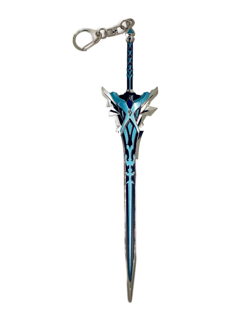 Porte-clés Tombe-Neige en Argétoile de Genshin Impact, réplique fidèle et détaillée de l’arme mythique, parfait pour les fans et collectionneurs."