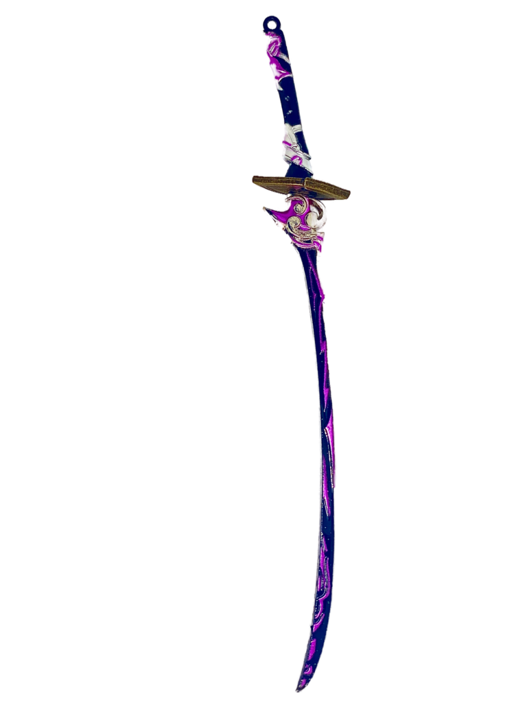 Porte-clés Impact Raiden, réplique fidèle de l’arme inspirée de Raiden Shogun dans Genshin Impact, idéale pour les fans et collectionneurs.