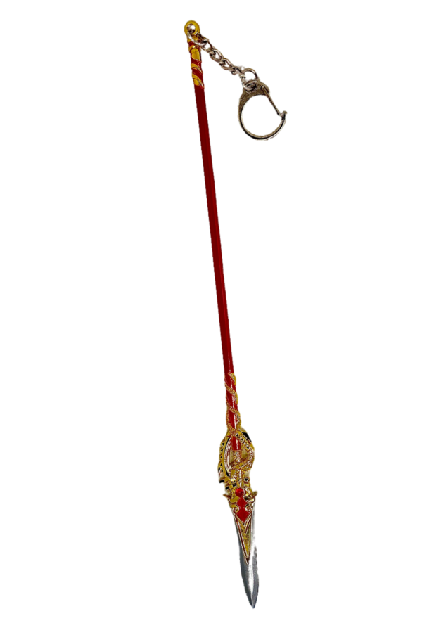 Porte-clés Fléau Dragon, réplique miniature de la lance emblématique de Genshin Impact, idéale pour les fans et collectionneurs.