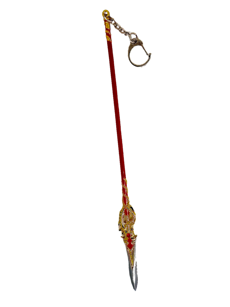 Porte-clés Fléau Dragon, réplique miniature de la lance emblématique de Genshin Impact, idéale pour les fans et collectionneurs.
