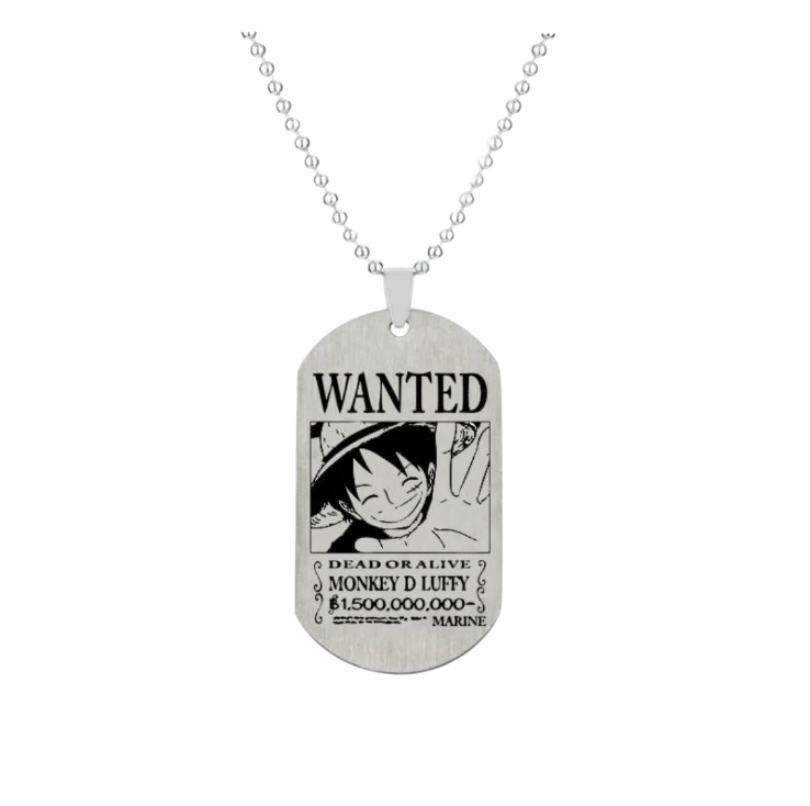 Plaque militaire en métal avec une chaîne à billes, représentant l’avis de recherche de Monkey D. Luffy tiré de One Piece. L’inscription "WANTED" est en haut, avec un portrait souriant du capitaine des Mugiwara, et une prime affichée à 1 500 000 000 berries.