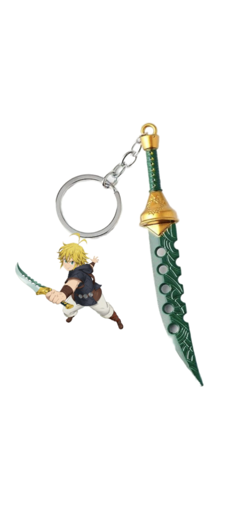 Porte-clés Meliodas Lostvayne, miniature de l’épée mythique de Seven Deadly Sins, parfait pour les fans et collectionneurs.